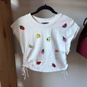 Zara White Crochet Fruit Side Tie Top